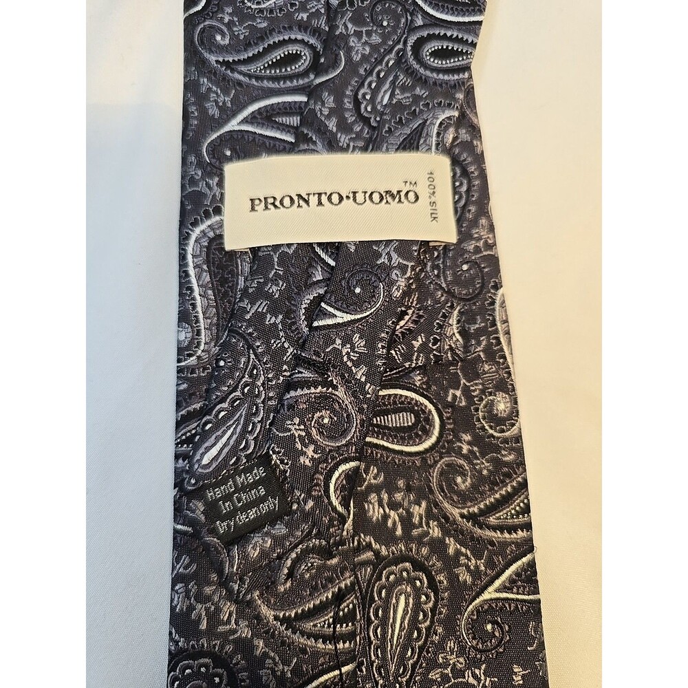 PRONTO UOMO Handmade 100% Silk Tie Men's Black Silver Gray Beige Paisley 59"x4"